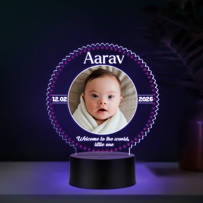 Personalized LED Night Lamp with Photo | Welcome to The World Little One Quote Engraved Color Changing Light with Black Base Gift for New Born Baby & New Parents